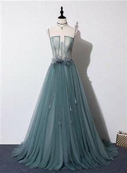 Picture of Lovely Green Tulle Lace Top Long Strapless Handmade Prom Dresses,Tulle Evening Dresses Party Dresses